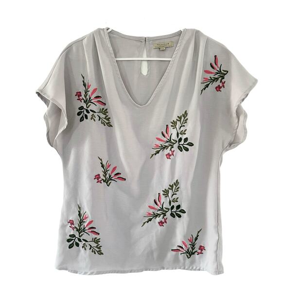 Polagram S embroidered blouse embroidery grey pink floral church work top shirt - Picture 1 of 6